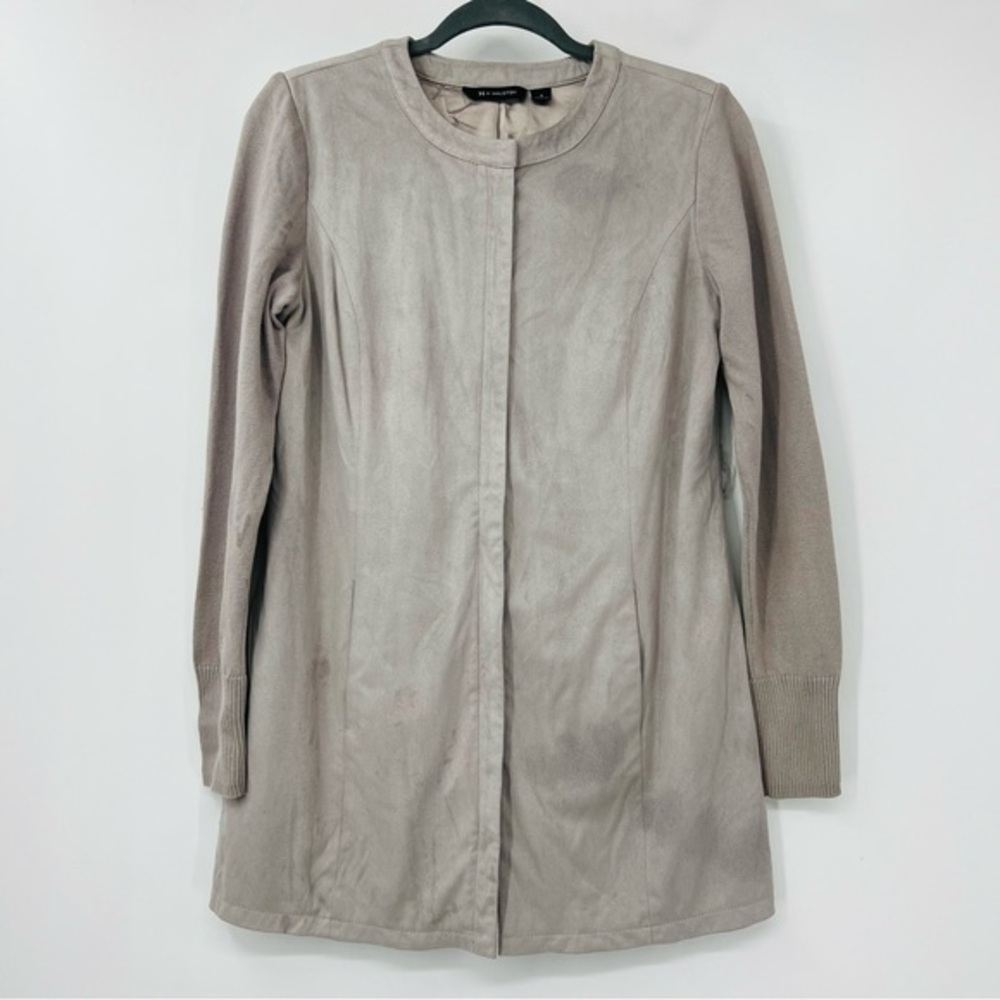 H by Halston Faux Suede Jacket Women‎ 2 Taupe Excellent Knit Sleeve Longline
